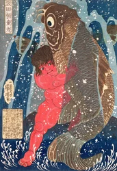 金時は滝を泳ぐ（木版画）（100501も参照）